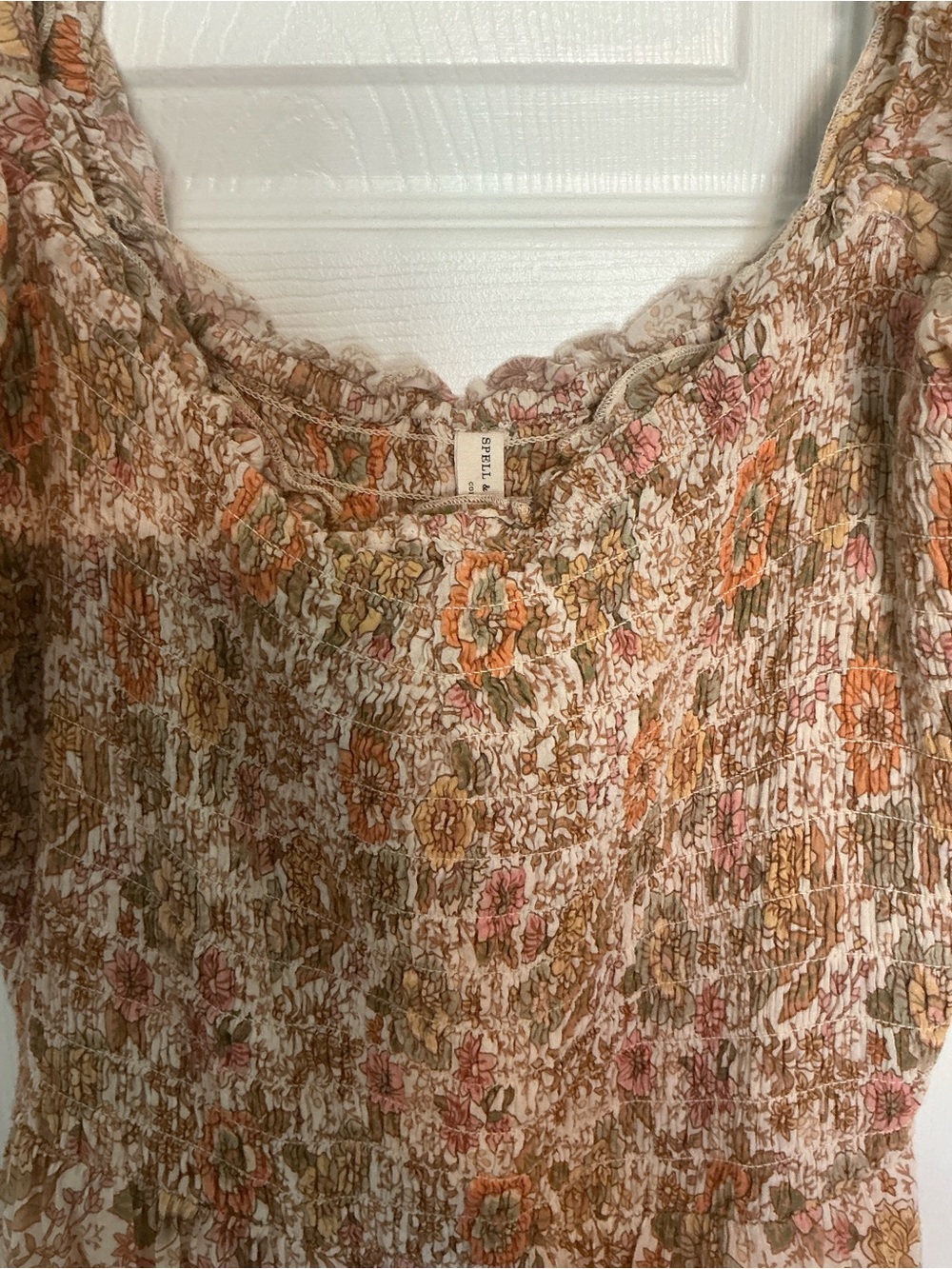 Spell Floral Smocked Midi Dress in Beige and Rust - Picture 3 of 6
